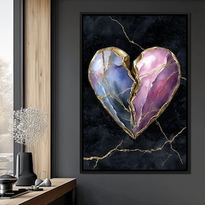 May include: A rectangular wall art piece featuring a split heart design against a dark black background. The left side of the heart is blue and the right side is pink, both sections are joined by gold-colored cracks resembling kintsugi.