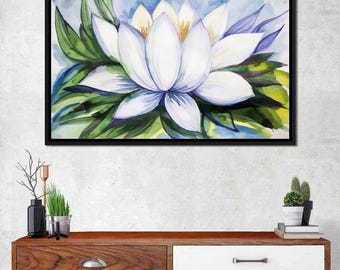 White Lotus Flower: Tranquil Wall Art | Botanical Print | Serene Decor | Watercolor Zen Lotus | Peaceful Home | Purity Symbol by NICHECANVAS