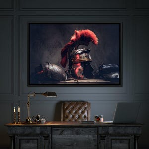 Roman Warrior Helmet Wall Art | Gladiator Decor | Historical Home Decor | Ancient Armor Canvas | Red & Black by NICHECANVAS
