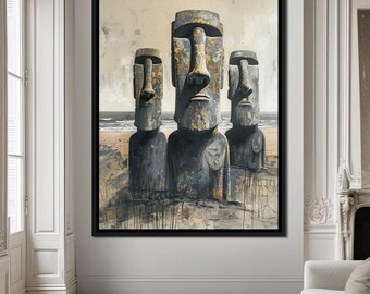 Art mural Gardiens des rivages du Pacifique | Statues Moai Décoration d'intérieur | Sculpture ethnique côtière | Illustration de maison sur la plage par NICHECANVAS