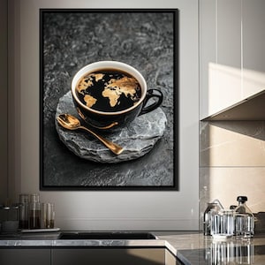 Golden Horizons Brewed : Art du café | Carte du monde | Décoration d'intérieur de cuisine moderne | « Illustration de tasse noire et de cuillère dorée » par NICHECANVAS