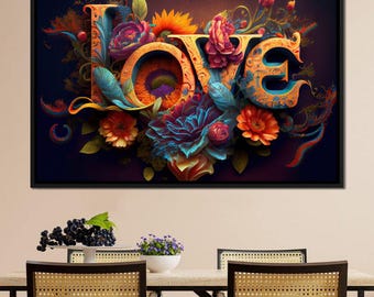 Te amo: Arte de pared floral romántico / Colores llamativos / Arte tipográfico / Regalo único del día de San Valentín por NICHECANVAS