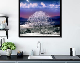 Fantasy Winter Scene: Winter Night Scene | Snowy Landscape | Moonlit Artwork | Serene Wall Art | Cozy Home Decor by NICHECANVAS