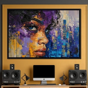 Urban Dreamscape Enchantment: Modern Cityscape Portrait Art | Colorful Female Abstract Canvas | Vibrant Colors Home Decor by NICHECANVAS