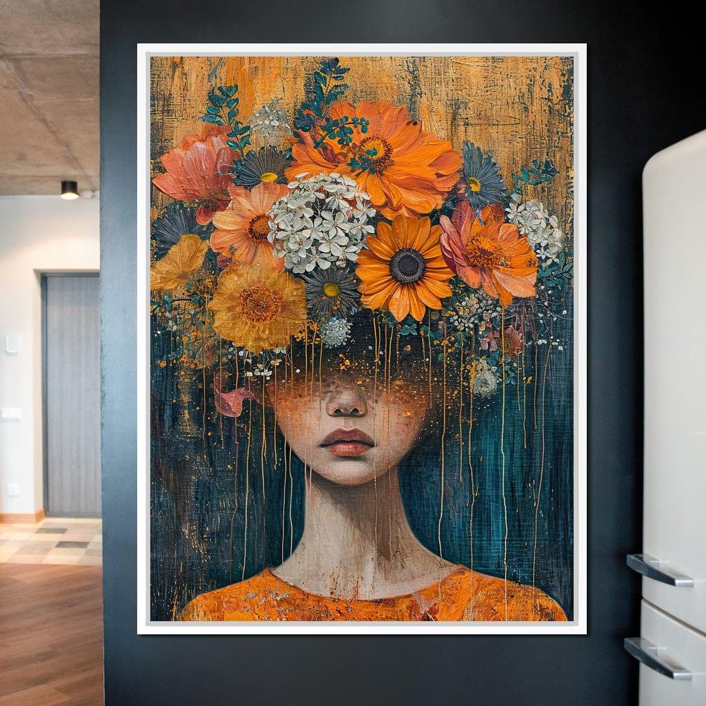Blossoming Silence Dripping Gold: Floral Portrait Canvas | Mixed
