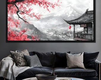 Cherry Blossom Landscape: Japanese Wall Art | Floral Painting | Spring Decor | Home Decor | Zen Art Print by NICHECANVAS