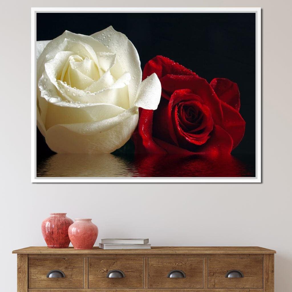 Red & White Roses Reflection: Romantic Art, Floral Decor, Rose Photography, Valentine Gift, Botanical Print, Zen Decor by NICHECANVAS