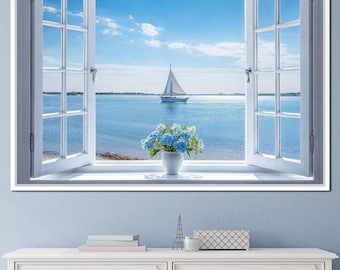Azure Breeze Window View: Coastal Decor | Seascape Art | Nautical Print | Summer Vibes Home Decor | Tranquil Marine Art by NICHECANVAS