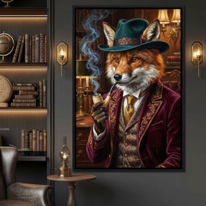 May include: A framed wall art print depicting a fox dressed in a burgundy paisley blazer, a matching vest, and a dark green fedora. The fox holds a smoking pipe, with blue smoke swirling upward. The background features a library setting with books.