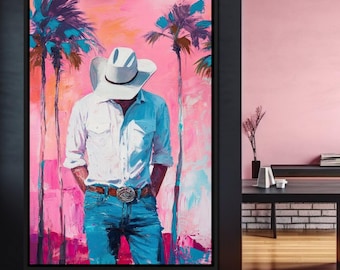 Cowboy Dreams Under Palms | Western Decor | Vibrant Colors | Beach Vibes | Home Decor | Americana Style | Dreamy Art by NICHECANVAS