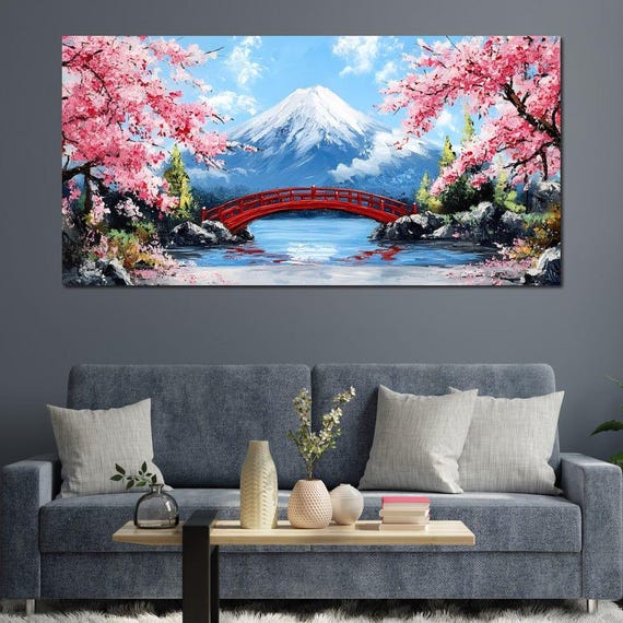 Cherry Blossom Bridge Tranquil Majesty: Japanese Art, Red Bridge