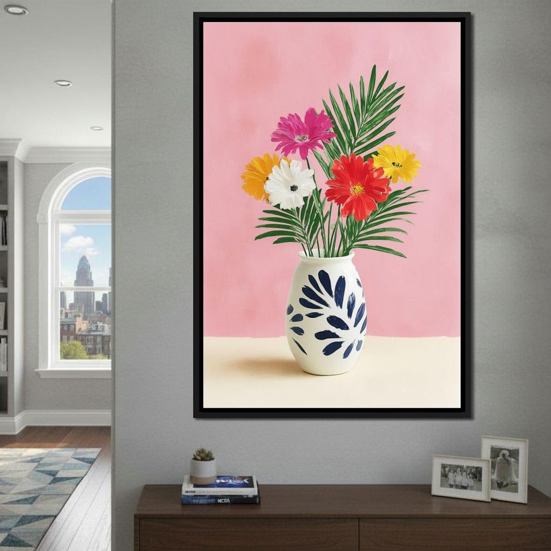 Pink Vase Garden Bouquet | Floral Wall Art Home Decor | Blue White Vase ...