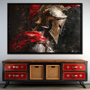 May include: A painting of a warrior wearing a golden helmet with a red plume. The warrior is depicted in a dark and dramatic style, with splashes of red paint representing blood or fire.