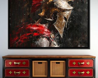 Thoughtful Spartan Reflections: Bold Warrior Wall Art | Gladiator Theme | Historical Decor | Red, Black, Beige Fantasy by NICHECANVAS