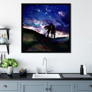 Kissing Under the Stars: Romantic Art | Starry Night Decor | Watercolor | Couple Silhouette | Night Sky Decor by NICHECANVAS