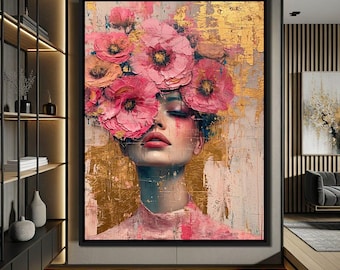 Bloomed Reverie in Gold: Flower Portrait, Dreamy Decor, Feminine Art, Mixed Media, Luxury Wall Art, Abstract Face by NICHECANVAS