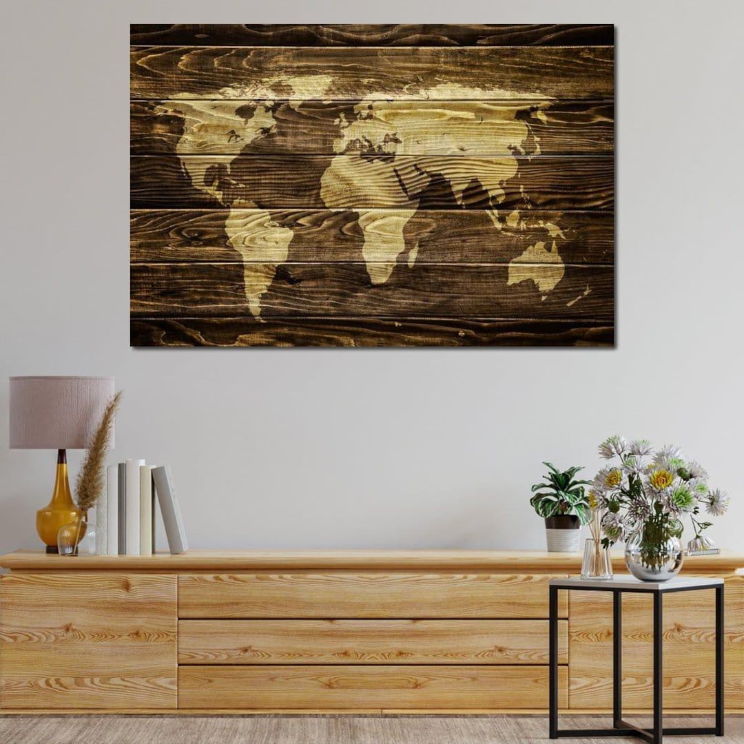 World Map - Oak Planks: Rustic Wall Art | Wooden Decor | Global