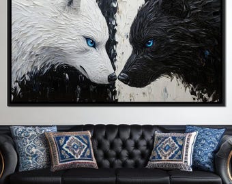 Duality of Wolf Spirits: Black & White Art | Mystical Wolf Home Decor | Tribal Yin Yang Animal Spirit by NICHECANVAS