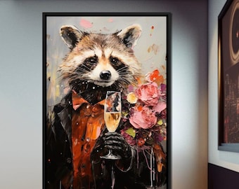 Raccoon&#39;s Toast: Quirky Raccoon Art | Fun Nature-Inspired Home Decor | Whimsical Champagne Party Vibe by NICHECANVAS