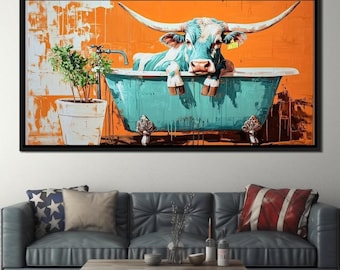 Bull in a Tub: Fun Wall Art, Colorful Rustic Decor, Farm Animal Painting, Unique Home Decor | Vibrant Quirkiness by NICHECANVAS