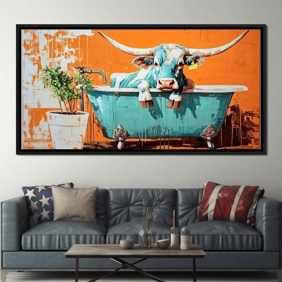 Bull in a Tub: Fun Wall Art, Colorful Rustic Decor, Farm Animal Painting, Unique Home Decor | Vibrant Quirkiness by NICHECANVAS