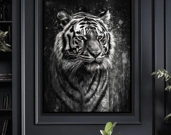 Tigre en blanco y negro: arte mural de tigre de Bengala / decoración feroz para el hogar / impresión monocromática de vida salvaje / arte animal moderno / vertical de NICHECANVAS