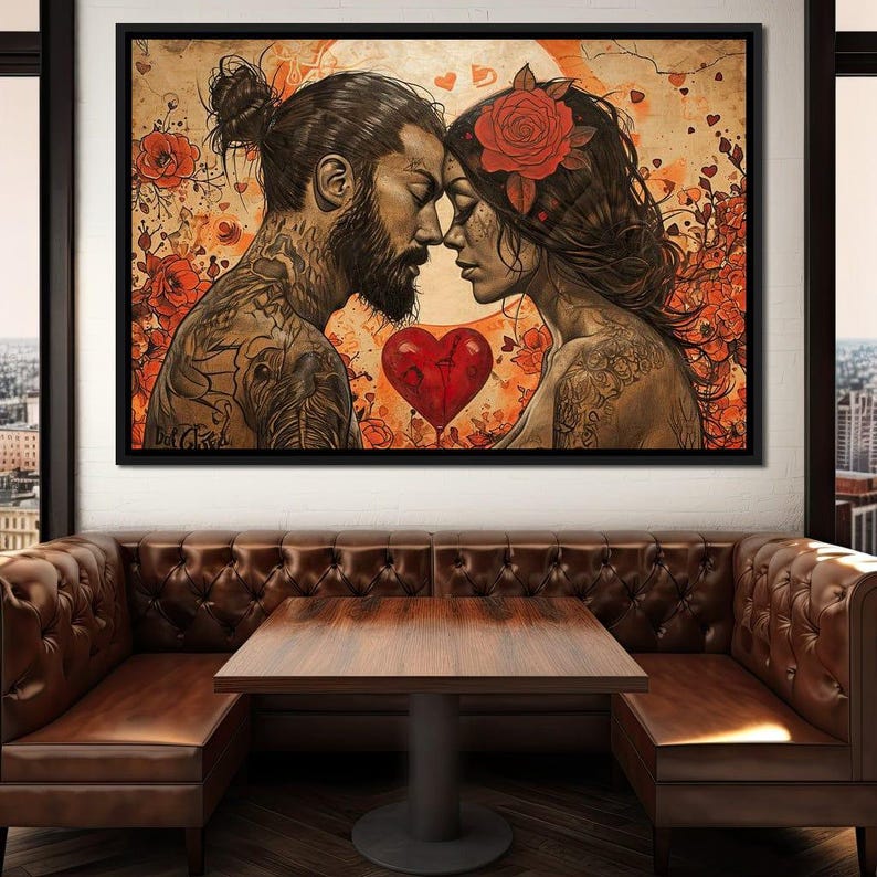 Embrace of Blooming Affection Romantic Couple Wall Art Passionate