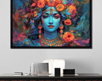 Lakshmi Floral Mural: Hindu Goddess Wall Art | Spiritual Decor | Vibrant Bohemian Art | Ethereal Painting | Multicolor Canvas by NICHECANVAS
