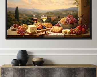 Wine & Cheese Valley: gastronomische print, rustiek keukendecor, wijngaard muurkunst woondecoratie, gezellige eetkamerkunst door NICHECANVAS