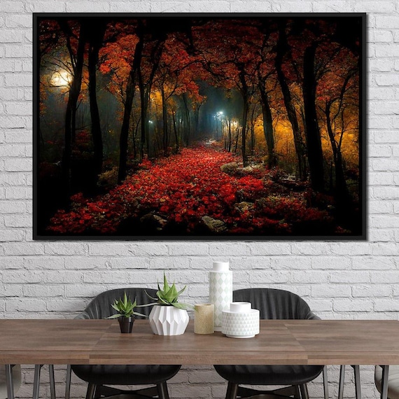 Beautiful Forest at Night: Autumn Colors, Nature Wall Art, Fall Foliage, Scenic Home Decor, Mystical Landscape, Tranquil Art by NICHECANVAS