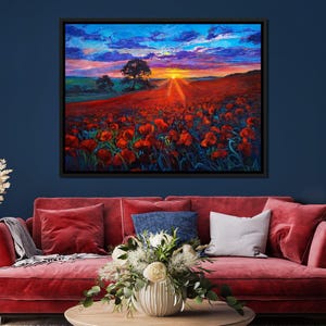 May include: A painting of a field of red poppies at sunset. The sky is a vibrant blue with streaks of pink and orange clouds. A single tree stands in the distance, silhouetted against the setting sun.