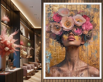 Golden Petals Hair: Floral Abstract Portrait | Modern Elegant Decor | Textured Feminine Art | Pink Gold Canvas by NICHECANVAS