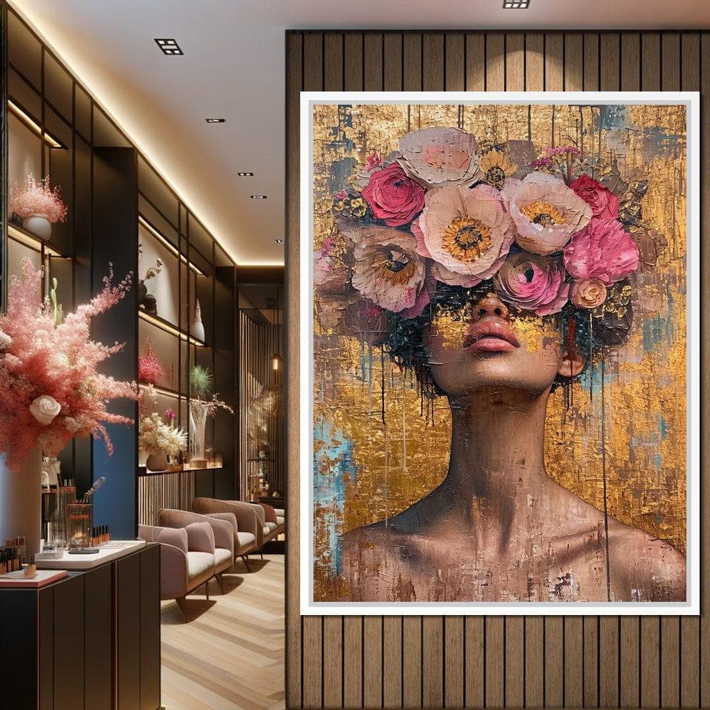 Golden Petals Hair: Floral Abstract Portrait | Modern Elegant Decor | Textured Feminine Art | Pink Gold Canvas by NICHECANVAS