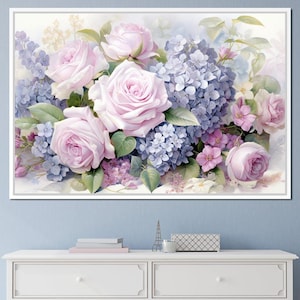 Bloom Symphony in Pastel: Rose & Hydrangea Art | Soft Pastel Floral Print | Spring Cottagecore Wall Decor by NICHECANVAS