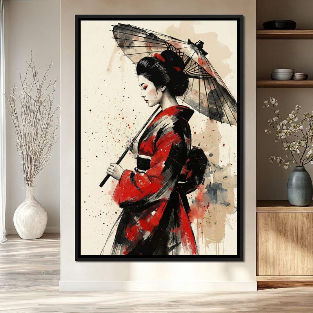 Japanese Woman With Umbrella | Geisha Wall Art | Sumi E Ink Wash ...