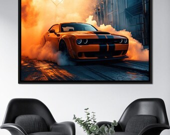 Hellcat Burnout - Rider Art: Cool Car Decor | Orange Muscle Car