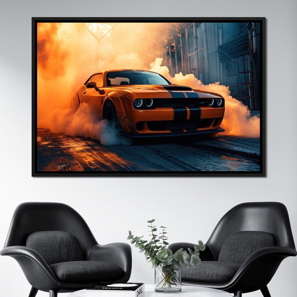 Hellcat Burnout - Rider Art: Cool Car Decor | Orange Muscle Car