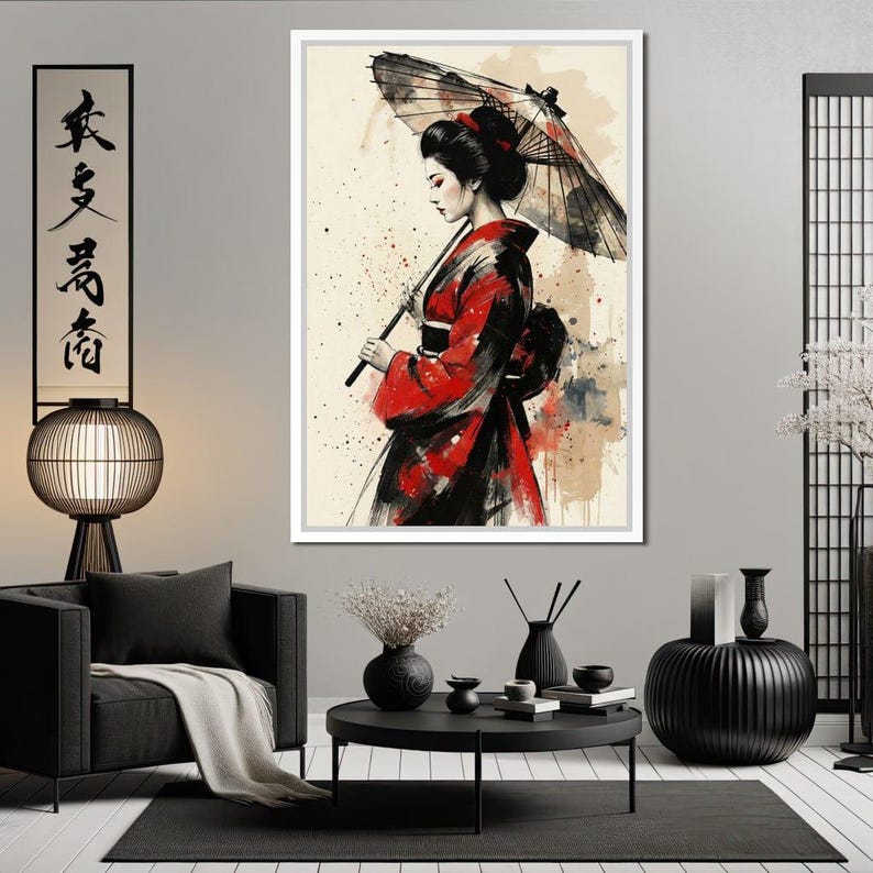 Japanese Woman With Umbrella | Geisha Wall Art | Sumi E Ink Wash ...
