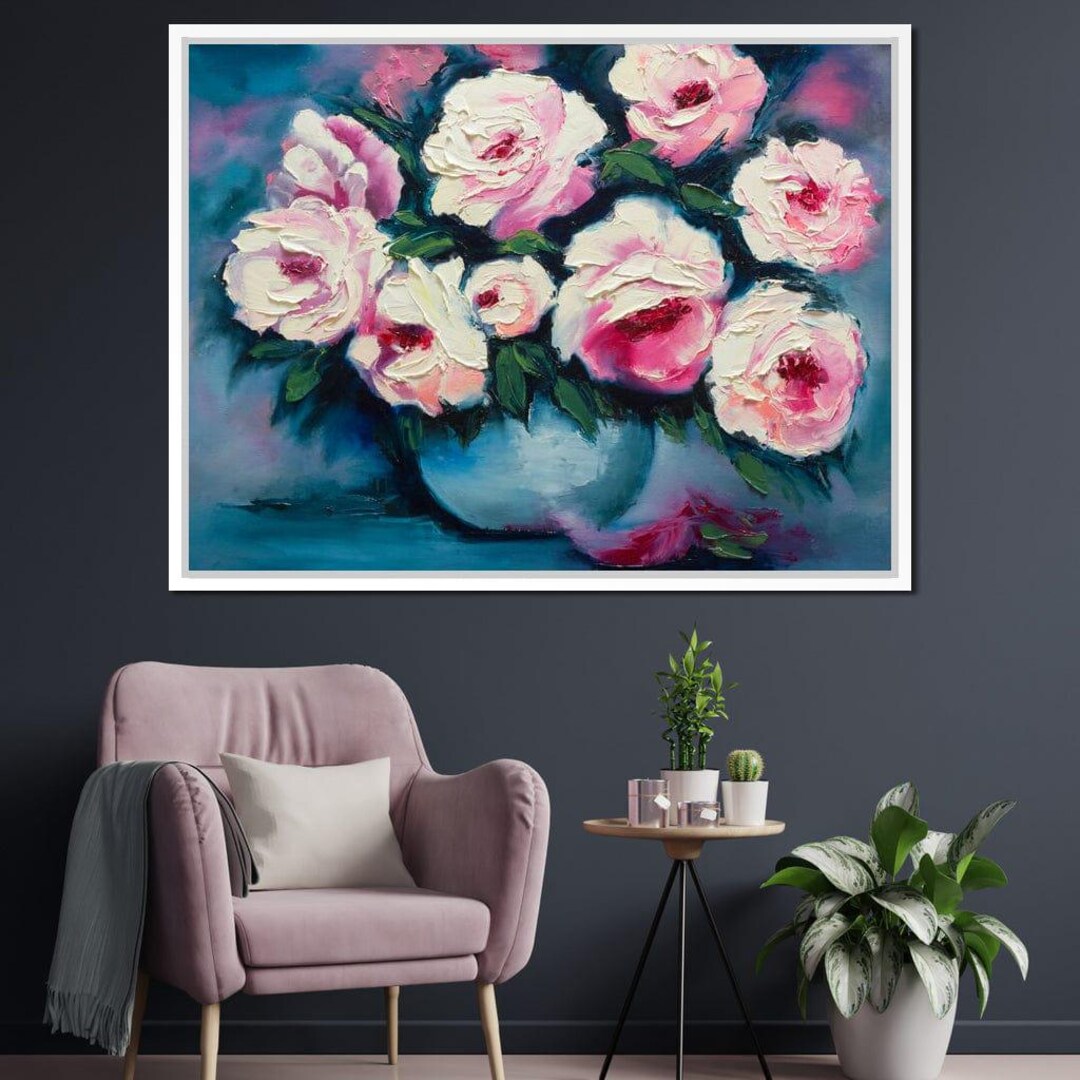 Beautiful Peonies: Pink Floral Wall Art | Green & Pink Oil Painting ...