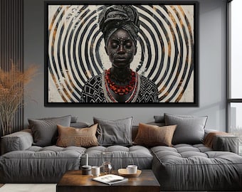 Spirals of Serenity Queen - Sakeem Gibbs: African Queen Art, Tribal Portrait, Zen Home Decor, Meditation Art, Beige, Brown by NICHECANVAS