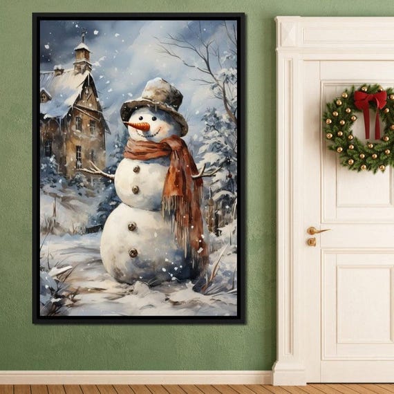 Christmas Snowman: Winter Decor | Snowy Landscape | Holiday Wall Art | Cozy Home Decor | Festive Painting | Rustic Home Art by NICHECANVAS