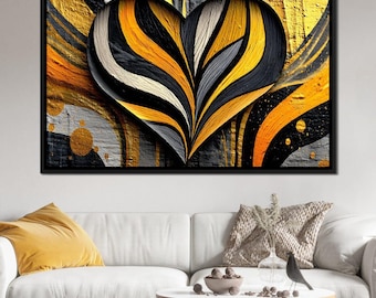 Golden Heartbeat Essence : art abstrait moderne du coeur | Décoration d'intérieur dynamique | « Des couleurs vives et une profondeur émotionnelle » par NICHECANVAS