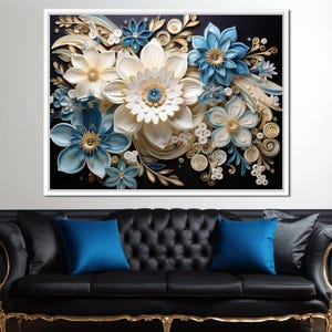 Golden Petals in Azure Nature: Floral Wall Art | Blue Flowers