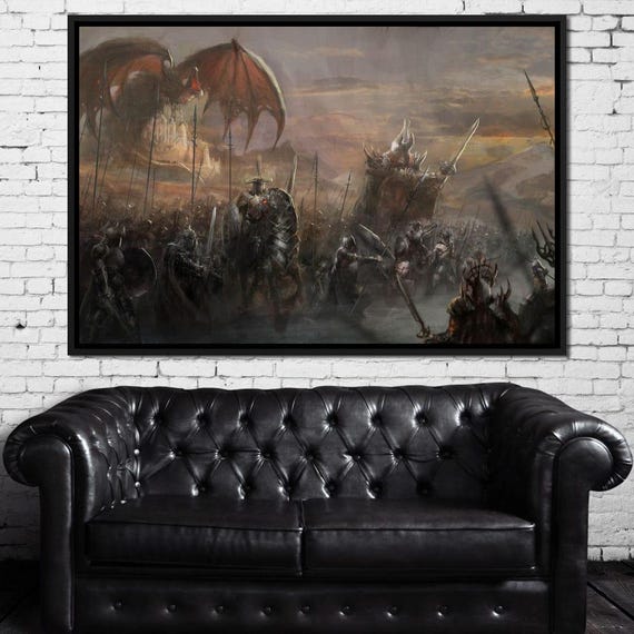 Fantasy Battlefield: Dark Fantasy Decor | Dragon & Knight War Art | Medieval Battle Scene | Epic Fantasy Canvas by NICHECANVAS