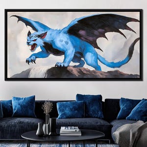 Majestic Winged Guardian: Mythical Beast Art | Fantasy Wall Decor | Blue Creature Painting | Home Decor | Unique Wall Art by NICHECANVAS
