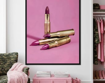 Lipstick Bullet: Bold Feminine Pop Art | Modern Home Decor | Fashionable Wall Art | Pink Red Gold by NICHECANVAS
