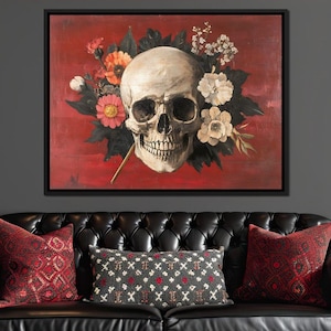 Skull and Floral Reverie: Gothic Skull Art | Dark Floral Home Decor | Macabre Wall Art by NICHECANVAS