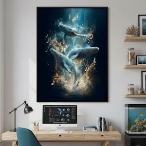 May include: A framed art print featuring three whales swimming in a dark blue ocean. The whales are light blue and surrounded by musical notes and a glowing, golden light. The artwork is displayed on a white wall above a wooden desk.