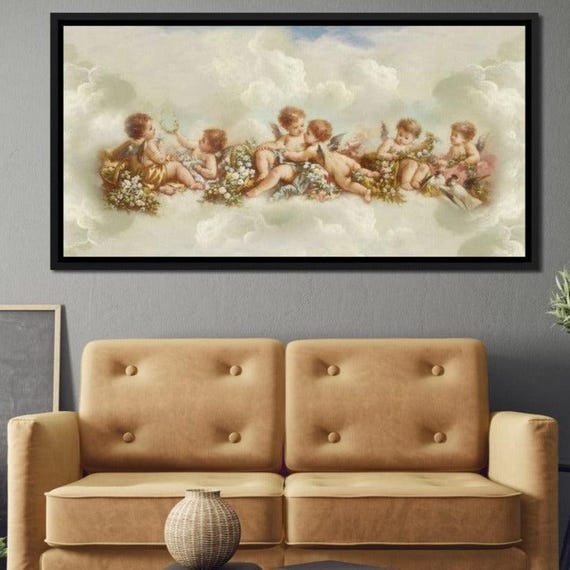 Angels Cloud: Cherub Decor | Heavenly Scene | Romantic Wall Art | Pastel Colors | Vintage Aesthetic | Home Decor by NICHECANVAS