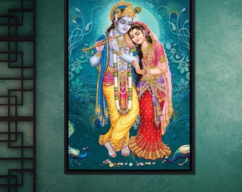 Radha & Krishna Couple: Hindu Art | Multicolor Canvas | Divine Love | Ethnic Decor | Spiritual Painting | Wall Art by NICHECANVAS
